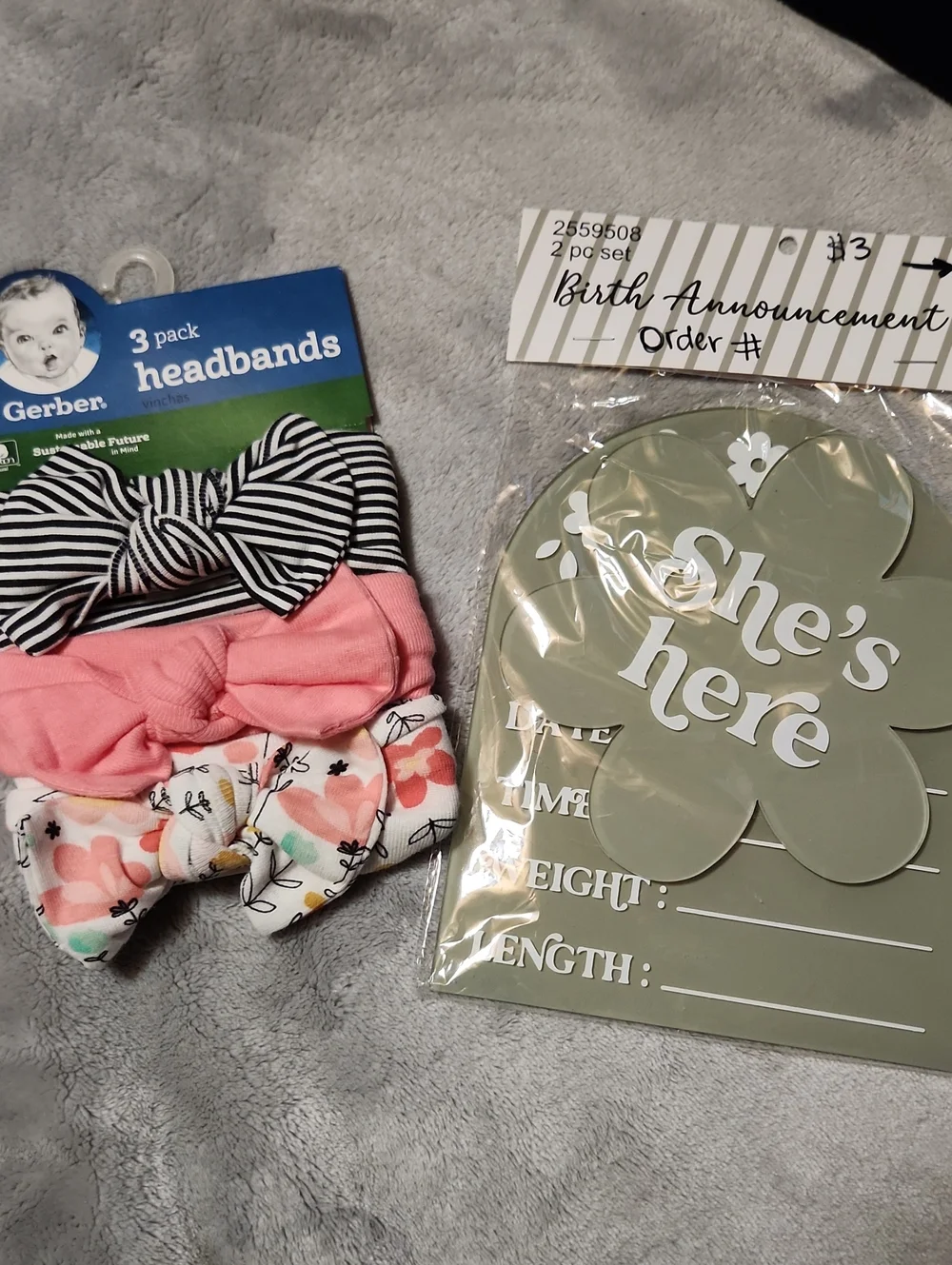 Gerber Baby Girls 3-Pack Headbands - Pink, Black & Floral And Birth Announcement